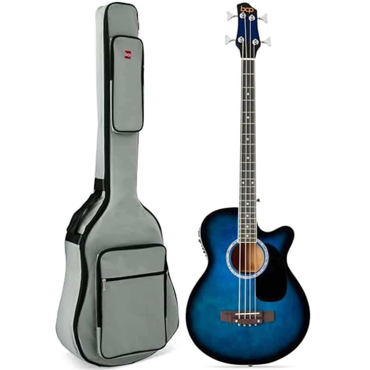 Test de la guitare basse électrique acoustique 4 cordes bleue Best Choice Products
